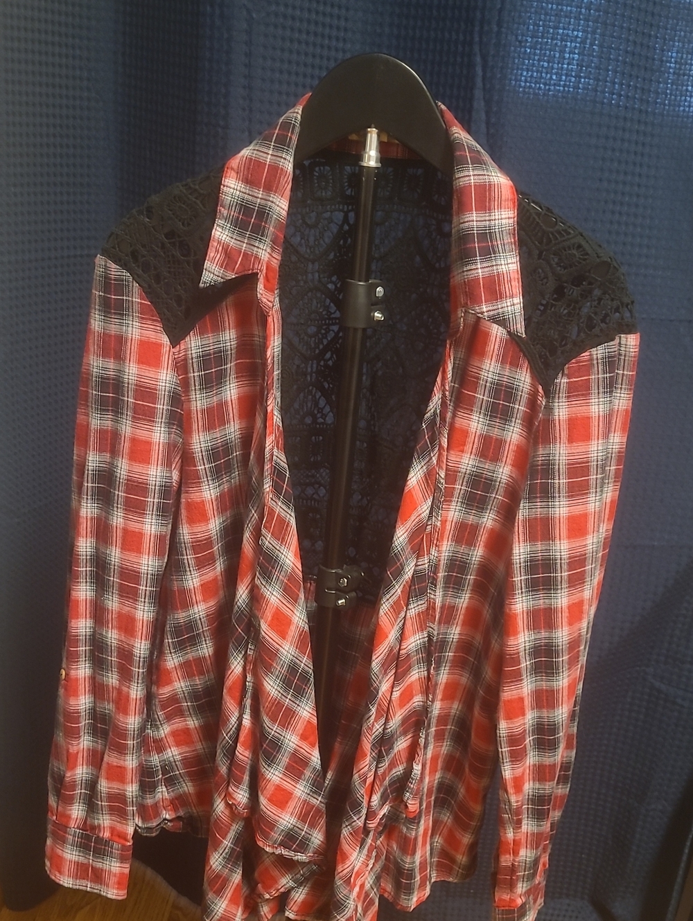 Democracy Red Plaid Jean Jacket with Black Lace Shoulders